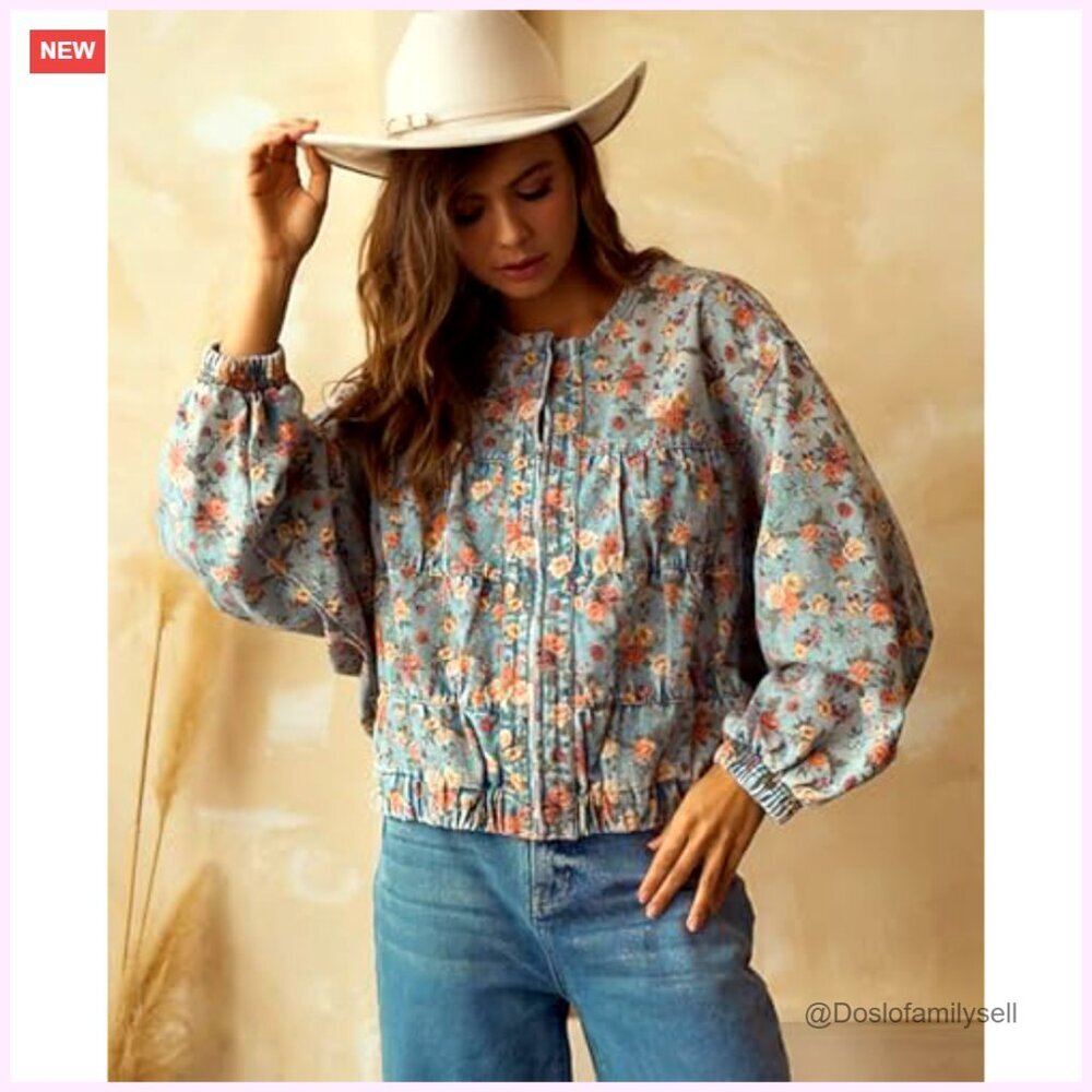 Oversized Denim Bomber Jacket Floral Print Boyfriend Fit Women's Casual - Picture 3 of 6